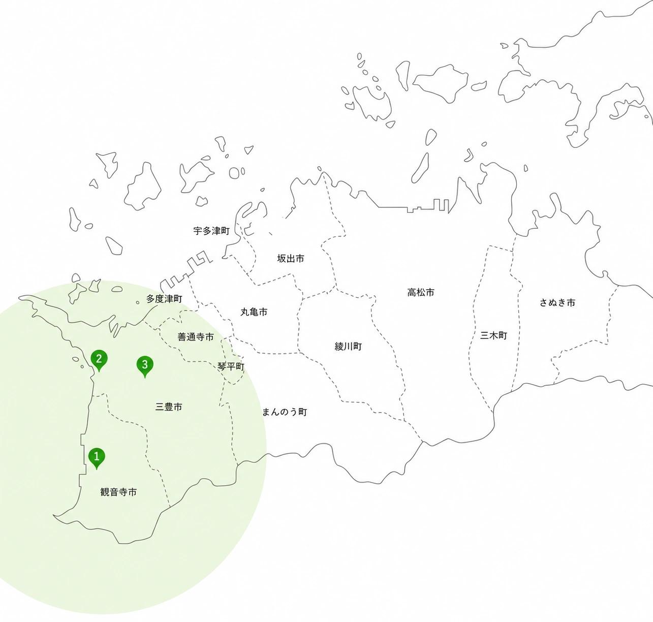 西讃観光の本社・仁尾営業所・高瀬営業所を示した香川県の地図