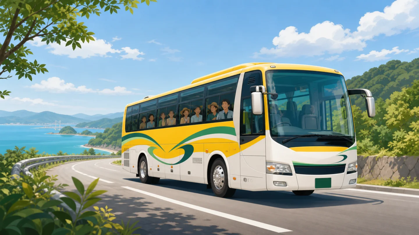 香川の道を走る貸切バスのイラスト