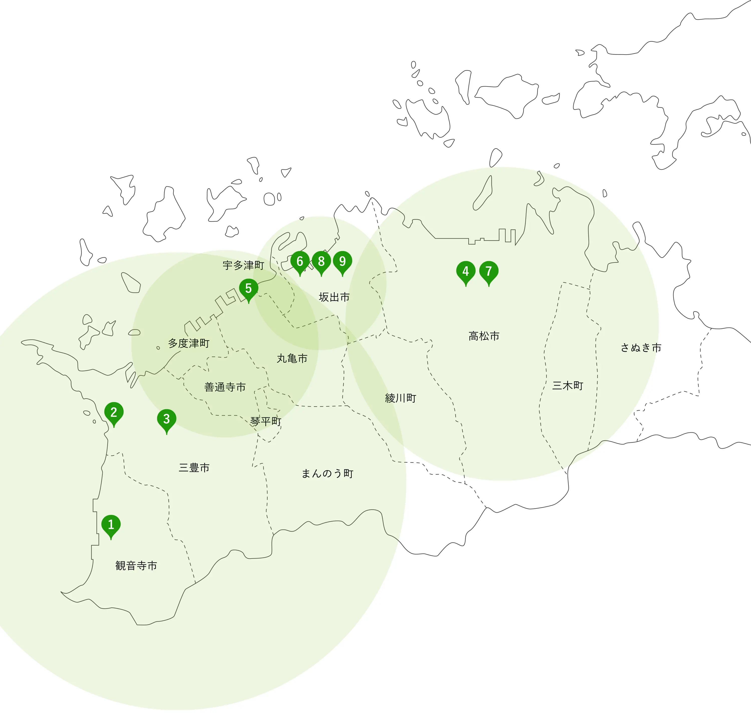 西讃観光グループの事業エリア（香川県）の地図