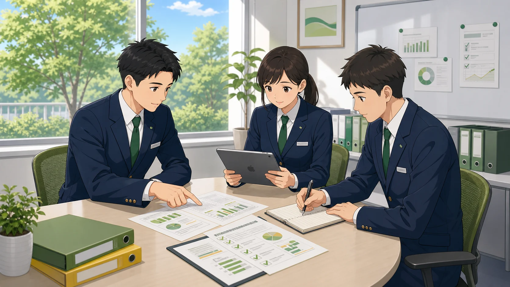 安全監査資料を確認しながら業務改善を話し合う乗務員のイメージ