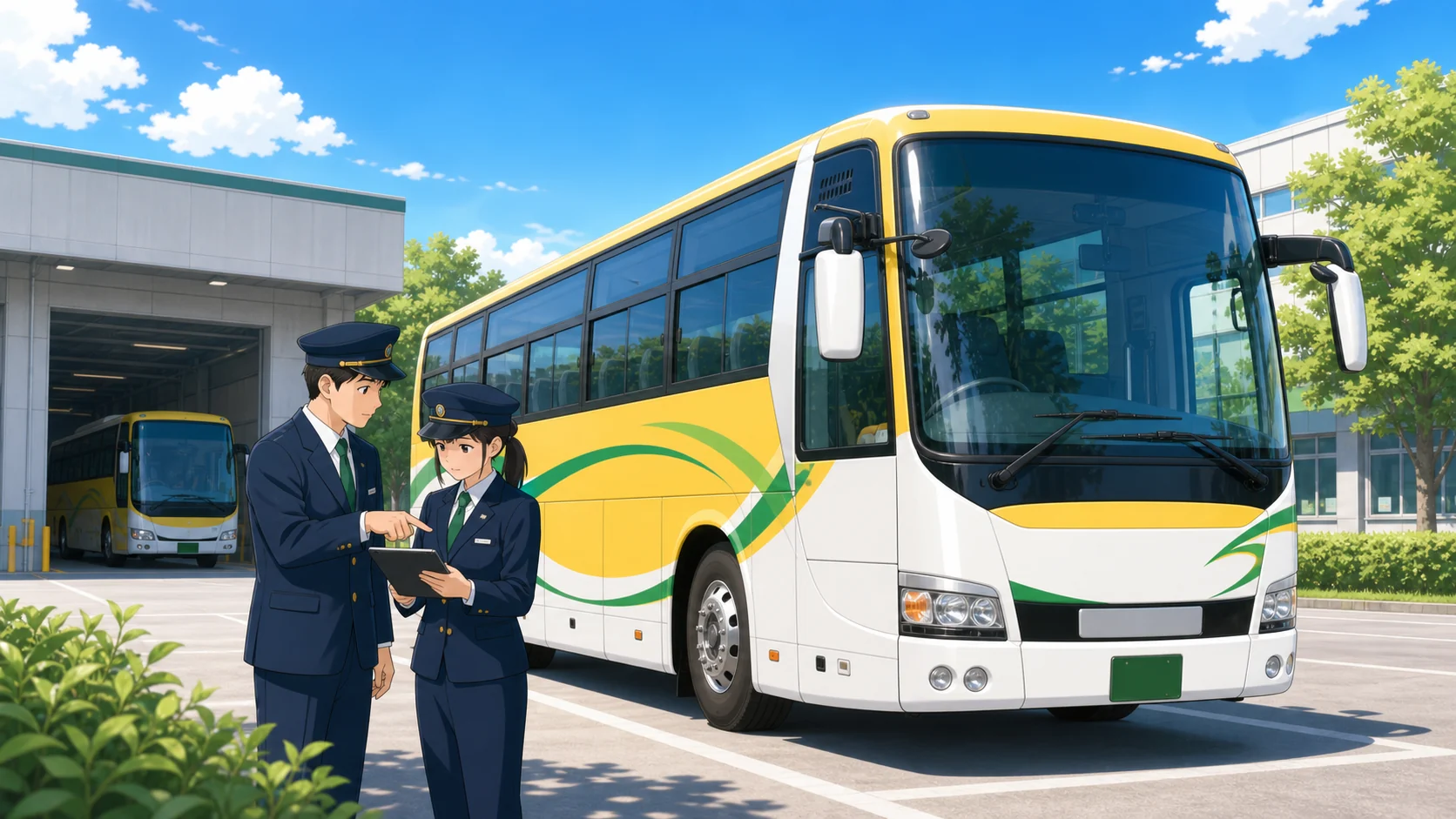 西讃観光カラーのバスのそばで安全管理の確認を行う乗務員のイメージ