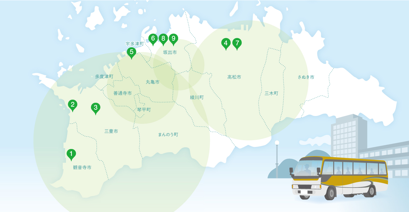 香川県全域と愛媛県東部の対応エリア図